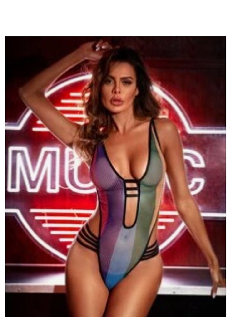 Women’s Rainbow Striped One-Piece mesh lingerie - Cutout Design